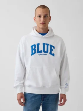 Sudadera con capucha de felpa francesa gruesa azul con logotipo