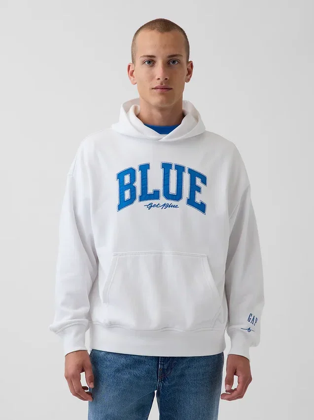 Sudadera con capucha de felpa francesa gruesa azul con logotipo