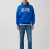 Sudadera con capucha de felpa francesa gruesa azul con logotipo