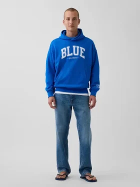 Sudadera con capucha de felpa francesa gruesa azul con logotipo