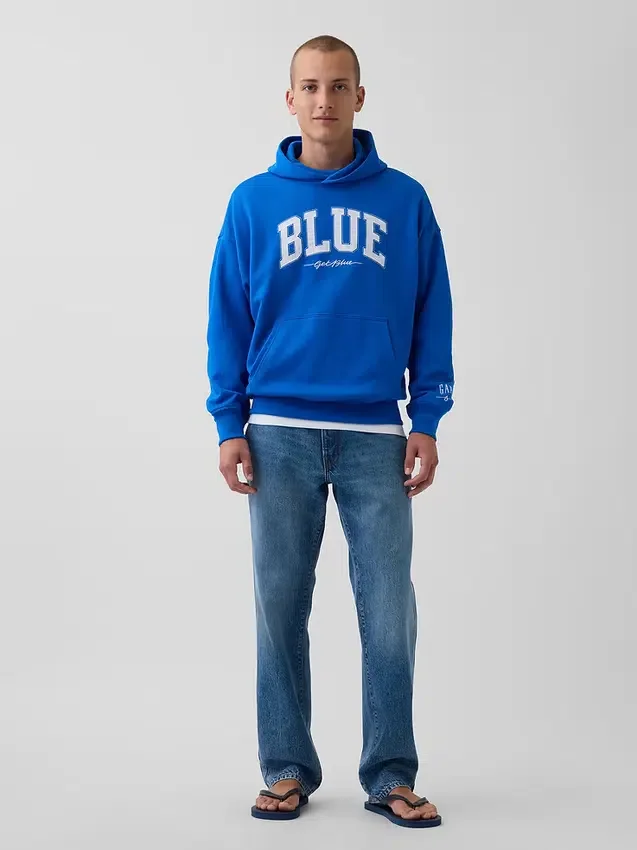 Sudadera con capucha de felpa francesa gruesa azul con logotipo