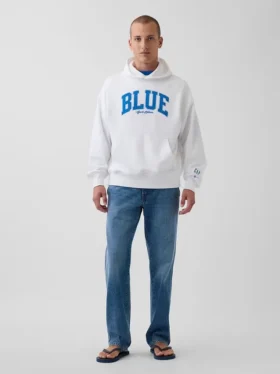 Sudadera con capucha de felpa francesa gruesa azul con logotipo