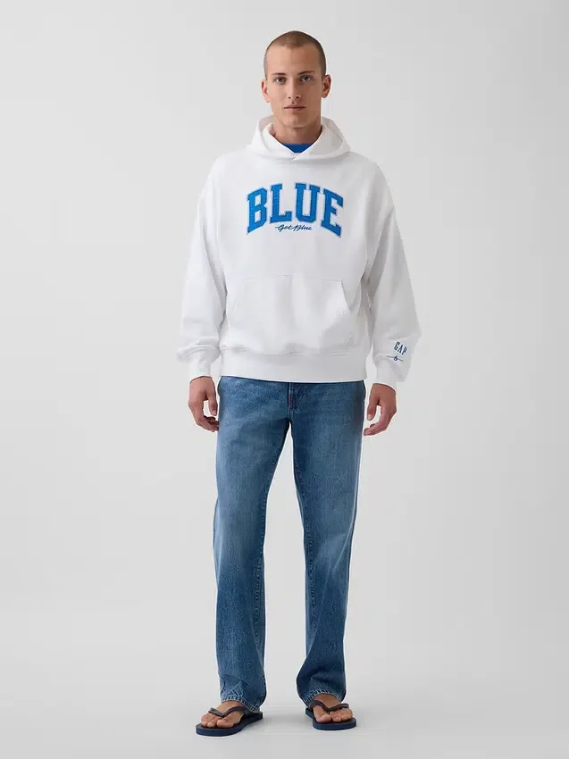 Sudadera con capucha de felpa francesa gruesa azul con logotipo