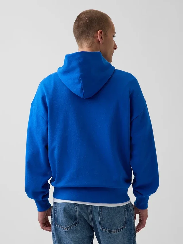 Sudadera con capucha de felpa francesa gruesa azul con logotipo