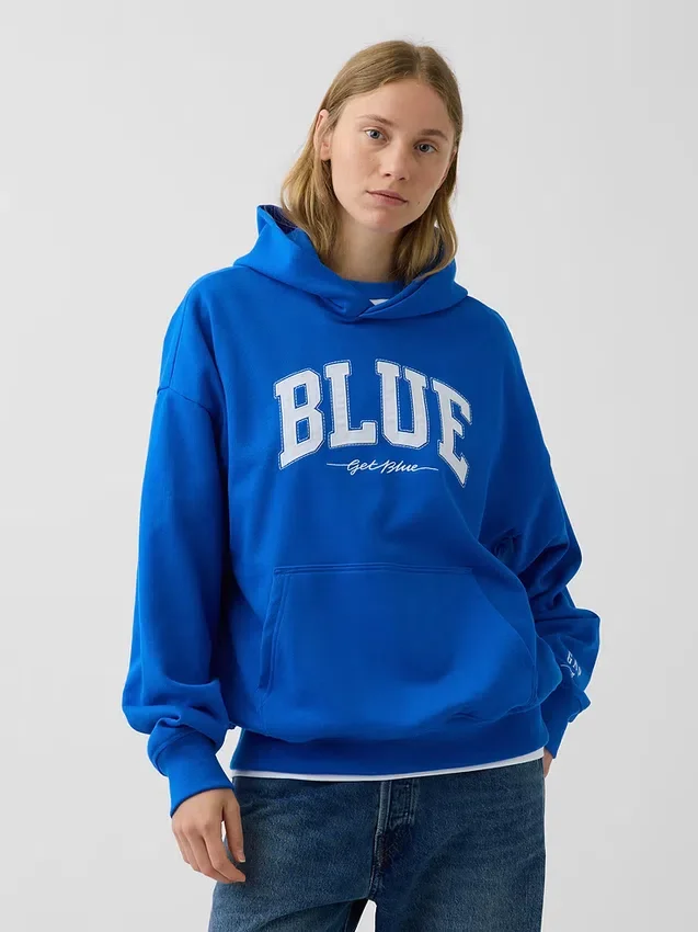 Sudadera con capucha de felpa francesa gruesa azul con logotipo