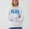 Sudadera con capucha de felpa francesa gruesa azul con logotipo