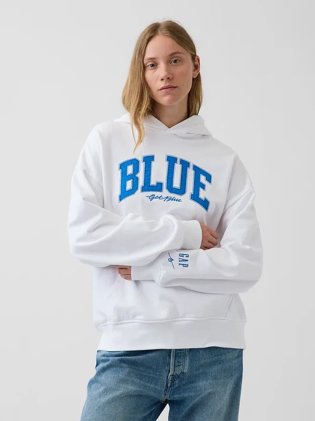 Sudadera con capucha de felpa francesa gruesa azul con logotipo