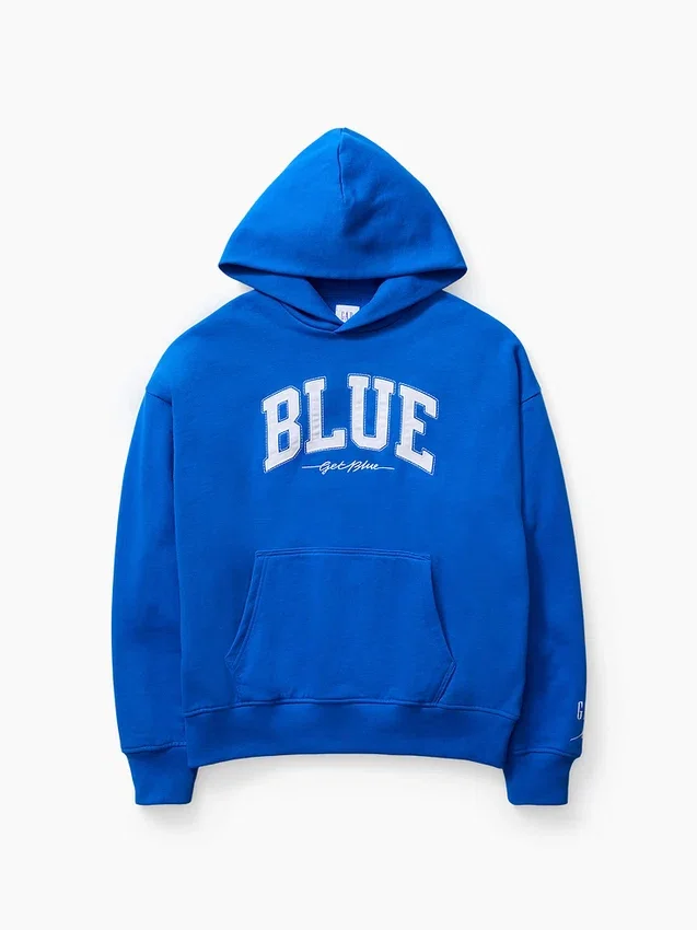 Sudadera con capucha de felpa francesa gruesa azul con logotipo