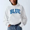 Sudadera con capucha de felpa francesa gruesa azul con logotipo