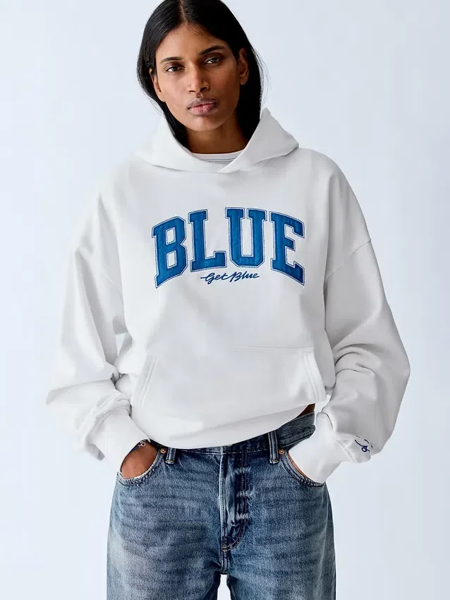 Sudadera con capucha de felpa francesa gruesa azul con logotipo
