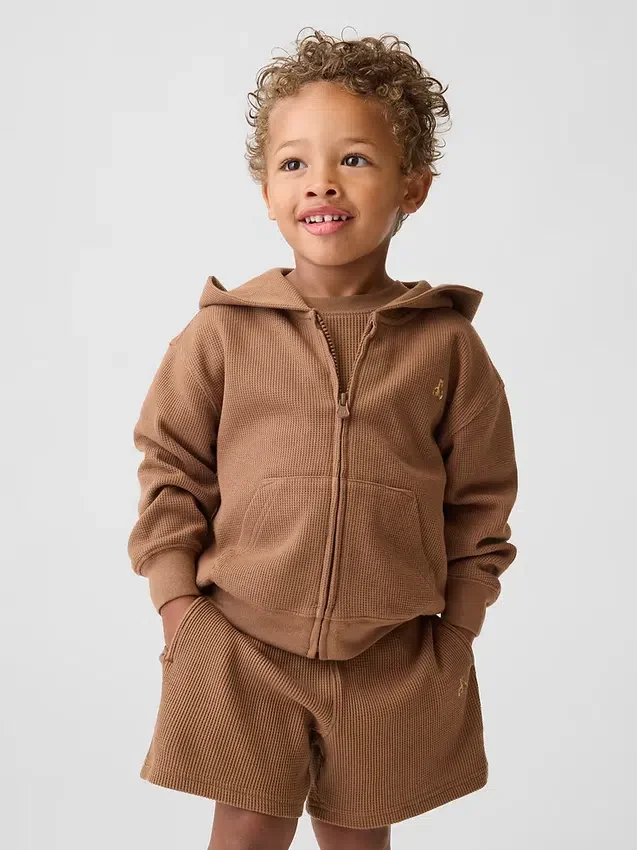 Sudadera con capucha y cremallera completa de punto waffle para bebés y niños