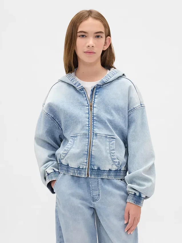 Sudadera con capucha y cremallera de denim de punto para niños
