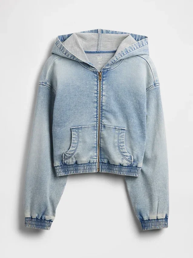 Sudadera con capucha y cremallera de denim de punto para niños