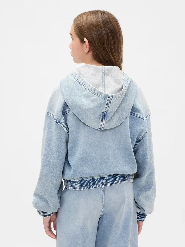 Sudadera con capucha y cremallera de denim de punto para niños