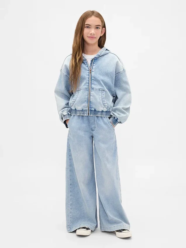 Sudadera con capucha y cremallera de denim de punto para niños