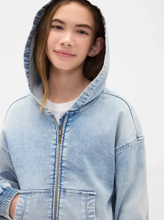 Sudadera con capucha y cremallera de denim de punto para niños