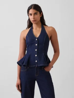 Top ajustado de denim con cuello halter y peplum
