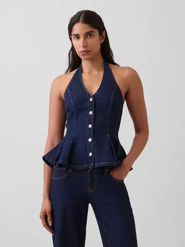 Top ajustado de denim con cuello halter y peplum