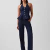 Top ajustado de denim con cuello halter y peplum