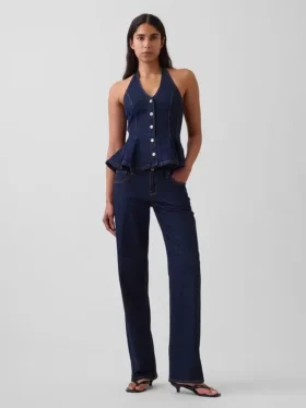 Top ajustado de denim con cuello halter y peplum