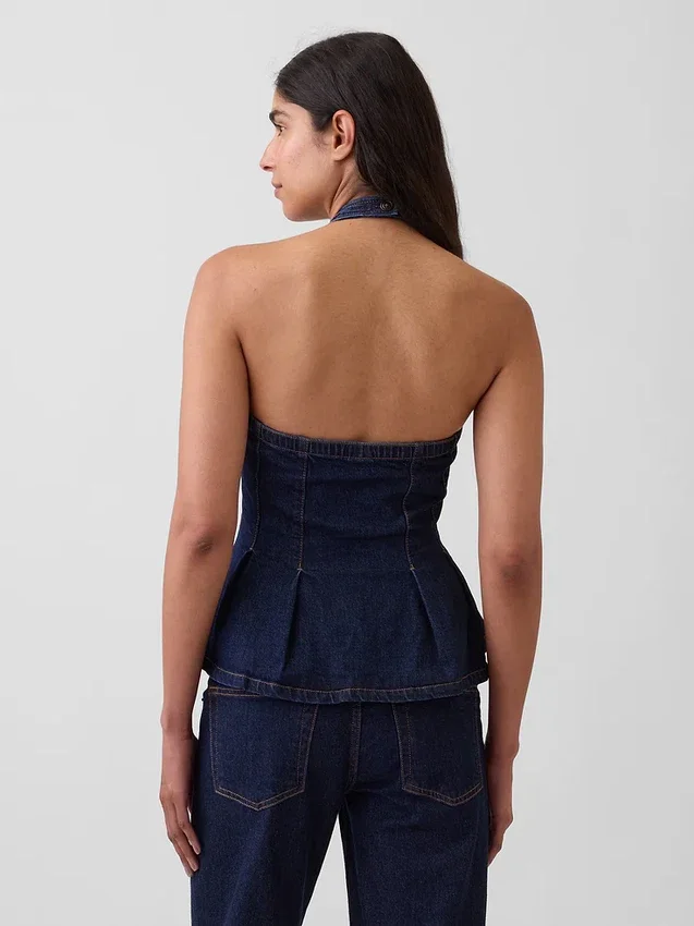 Top ajustado de denim con cuello halter y peplum