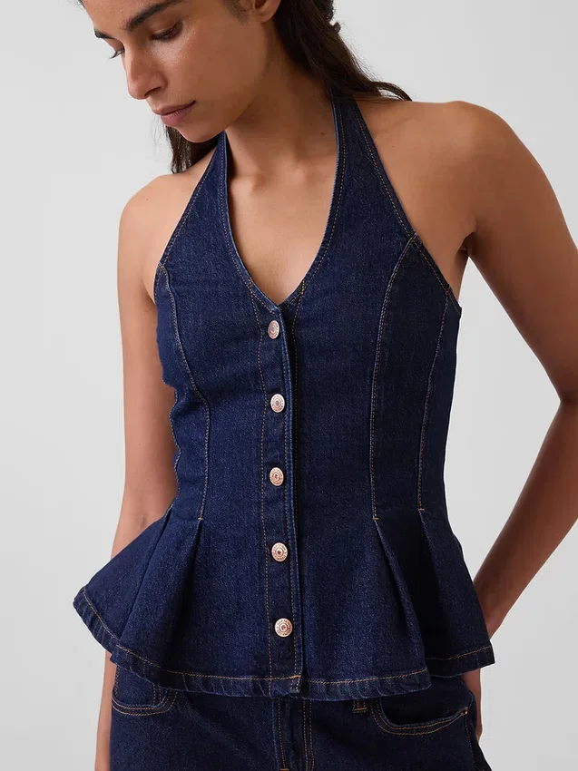 Top ajustado de denim con cuello halter y peplum