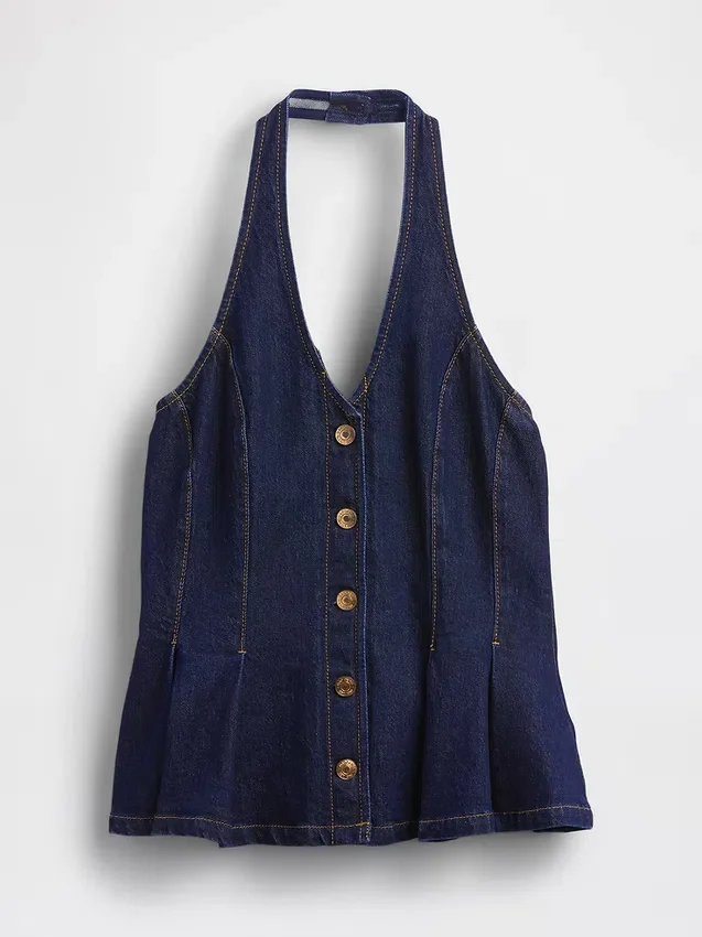 Top ajustado de denim con cuello halter y peplum