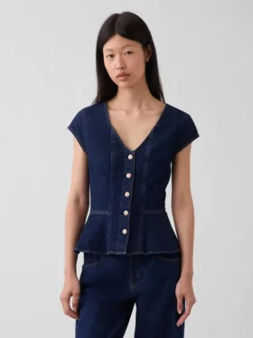 Top ajustado de denim con mangas casquillo y peplum