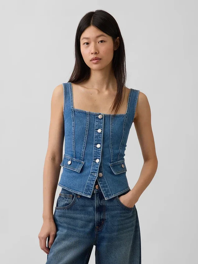 Top corsé con bolsillos de denim