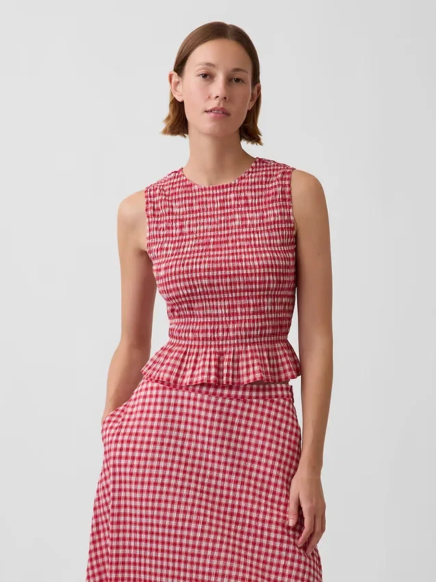 Top corto con peplum de cuadros vichy fruncido