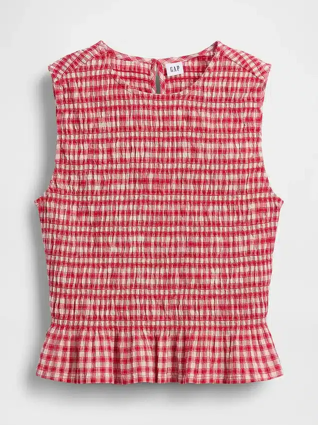 Top corto con peplum de cuadros vichy fruncido