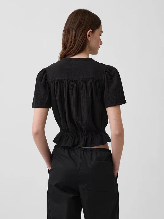 Top corto con peplum de gasa de algodón
