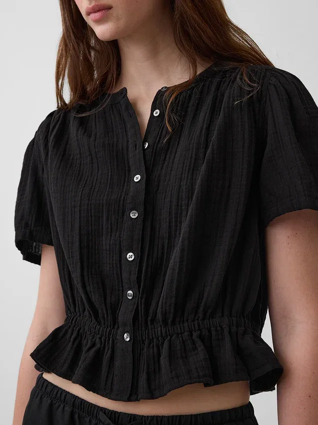 Top corto con peplum de gasa de algodón