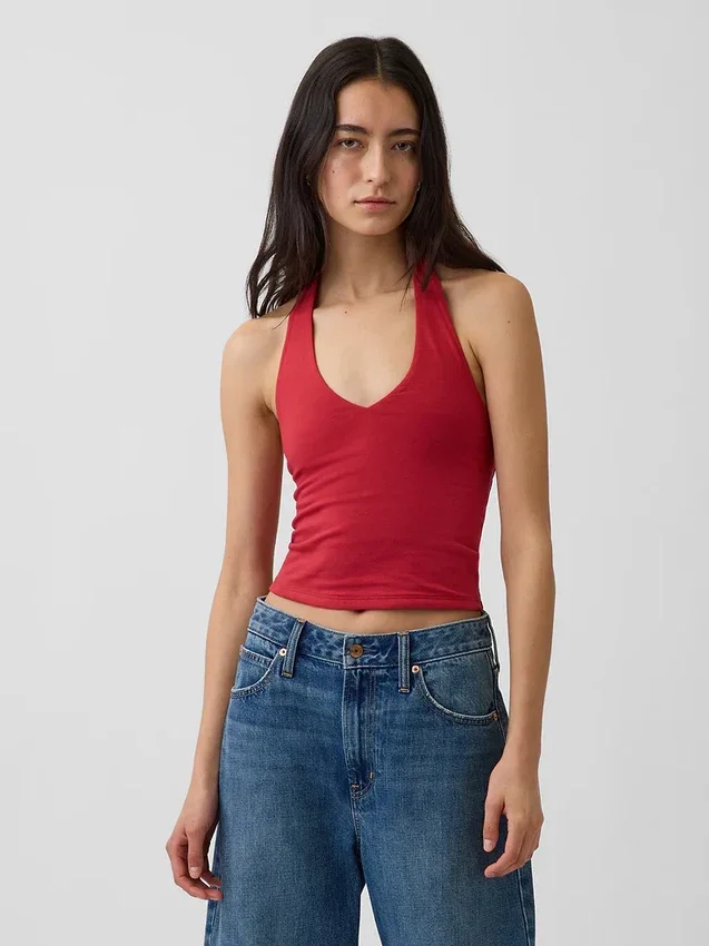Top corto de cuello halter de punto tupido