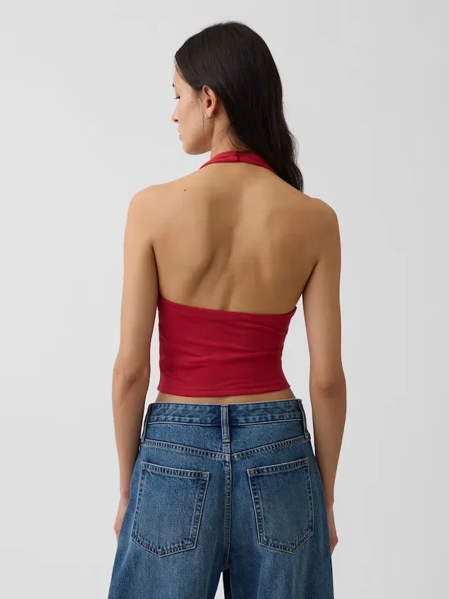 Top corto de cuello halter de punto tupido