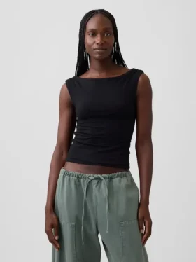 Top corto fruncido de jersey de punto tupido