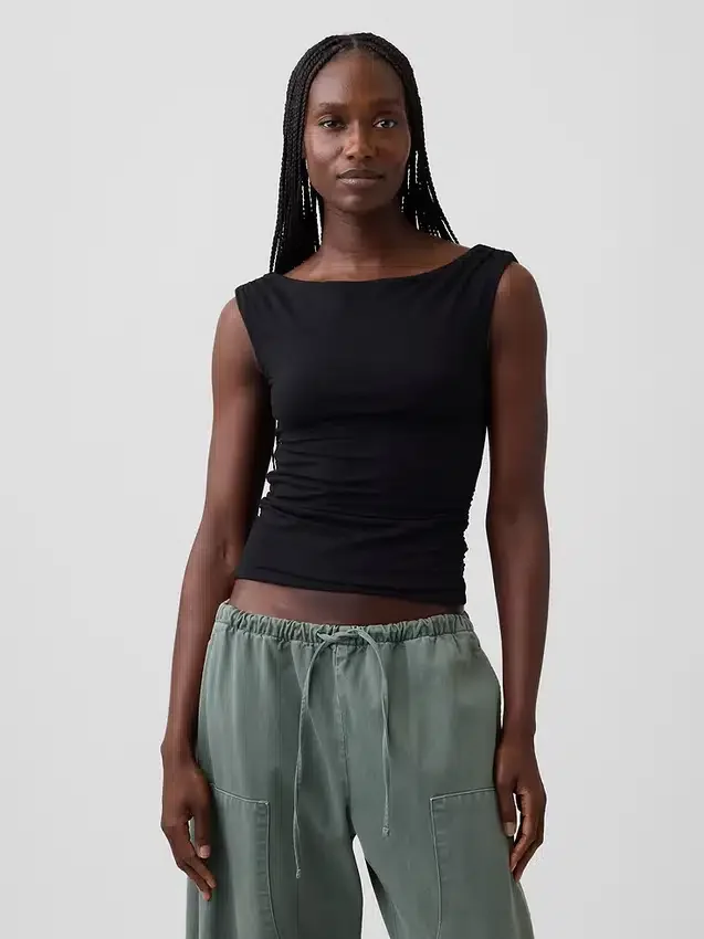 Top corto fruncido de jersey de punto tupido