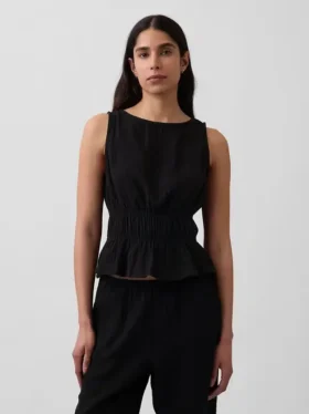 Top de gasa de algodón con peplum y cintura fruncida