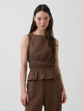 Top de gasa de algodón con peplum y cintura fruncida