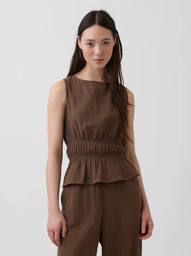 Top de gasa de algodón con peplum y cintura fruncida