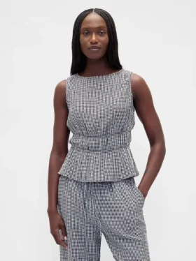 Top de gasa de algodón con peplum y cintura fruncida
