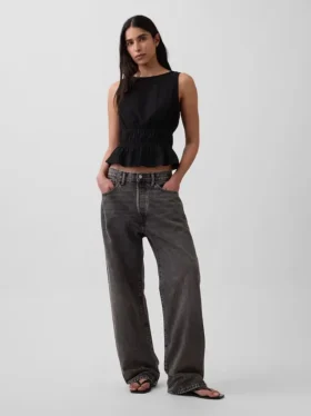 Top de gasa de algodón con peplum y cintura fruncida