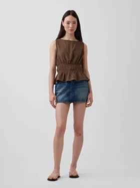 Top de gasa de algodón con peplum y cintura fruncida