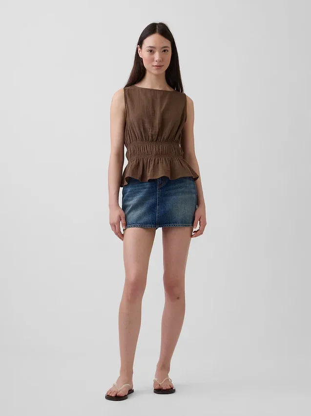 Top de gasa de algodón con peplum y cintura fruncida