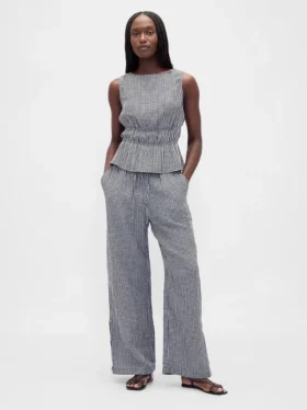 Top de gasa de algodón con peplum y cintura fruncida