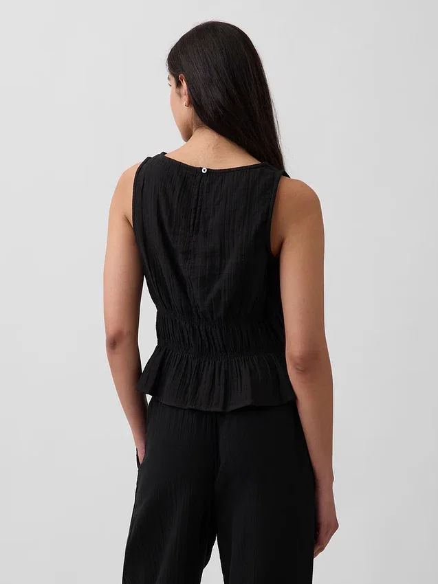 Top de gasa de algodón con peplum y cintura fruncida