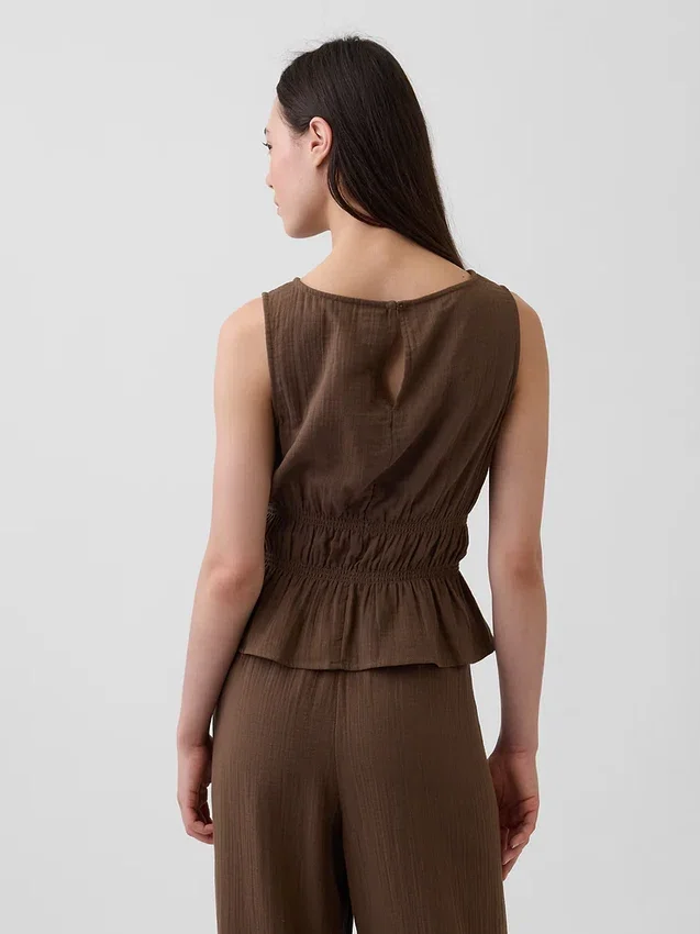 Top de gasa de algodón con peplum y cintura fruncida