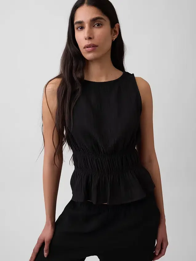 Top de gasa de algodón con peplum y cintura fruncida