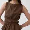 Top de gasa de algodón con peplum y cintura fruncida