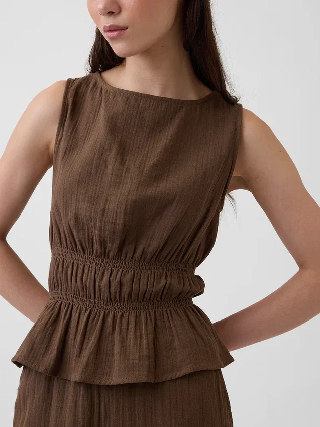 Top de gasa de algodón con peplum y cintura fruncida